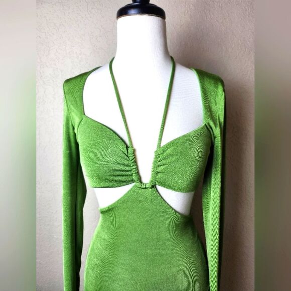 Bershka Cut Out Detail Square Neck Mini Dress Green Womens Size S - Picture 6 of 9